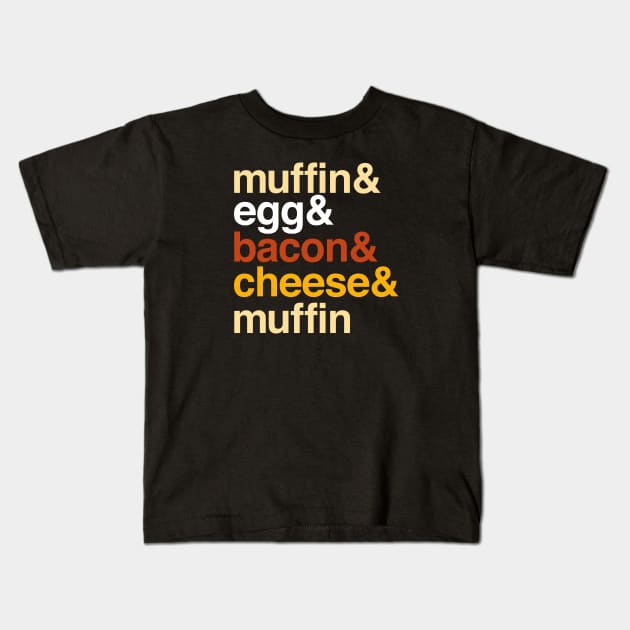 Deconstructed breakfast sandwich: muffin & egg & bacon & cheese (list of ingredients in true-to-life colors) Kids T-Shirt by Ofeefee